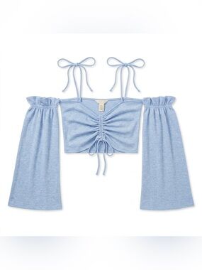 H&M Light Blue Ruched Crop Top with Detachable Bell Sleeves